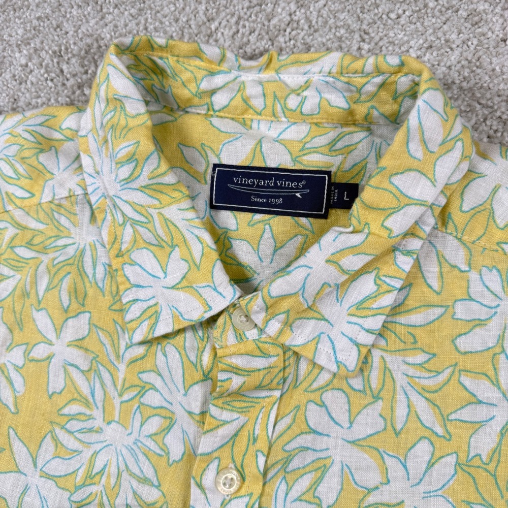 Vineyard Vines Button Down Mens L Yellow Floral Tropical Linen Blend SS Shirt